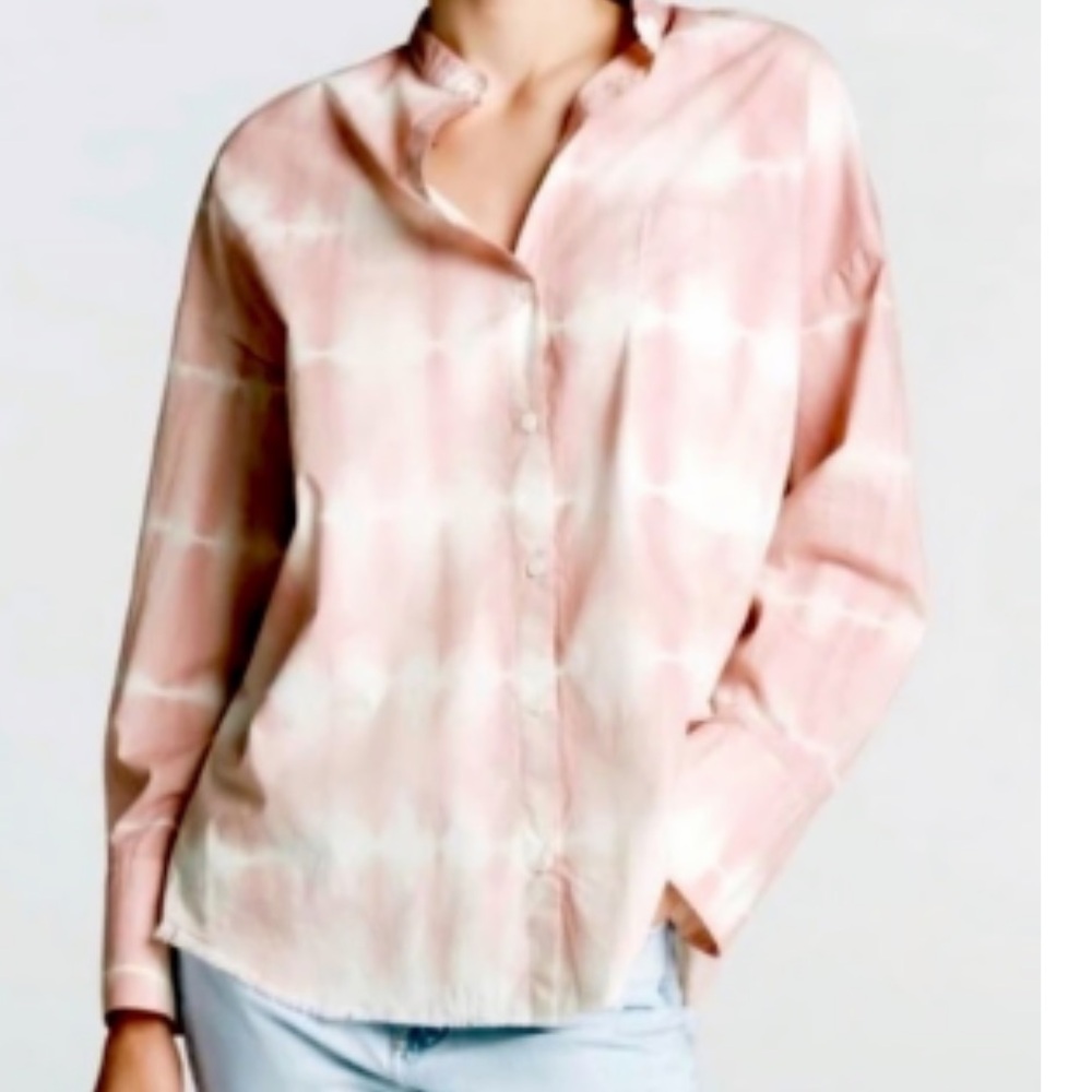 Zara Light Pink Tie-Dye Button-Down Shirt with raw hem.
